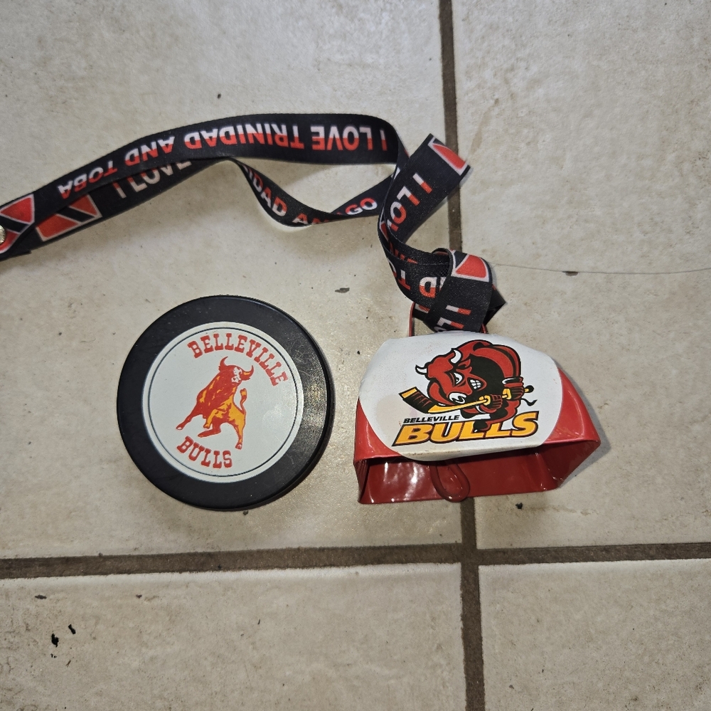 Vintage Belleville Bulls OHL Defunct Team Hockey Puck + Cow Bell Lot